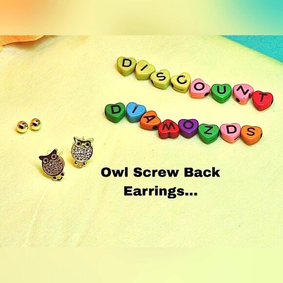 Dainty White.Baguette Diamonds 18K Yellow Owl Gold Earrings on 925 Silver - Picture 3 of 3